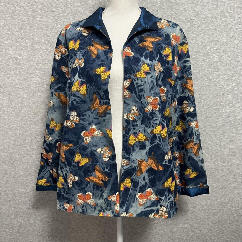 Gump's Jacket Womens XL Blue Butterfly Print‎ Satin Artsy Open Front Lightweight